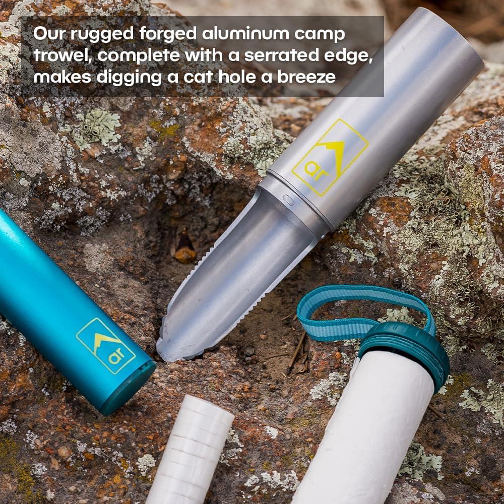 image:imageAR Adventure Ready Backpacking Trowel Toilet Kit Includes Aluminum Camping Shovel Toilet Paper Packout Bags Soap Flakes amp Compressed Towelettes