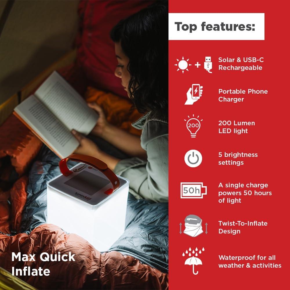 image:imageLuminAID Max Quick Inflate 2in1 Solar Camping Lantern and Phone Charger Rechargeable LED Lamp for Camping Hiking amp Travel Waterproof Emergency Light for Power Outages Hurricane Survival Kits