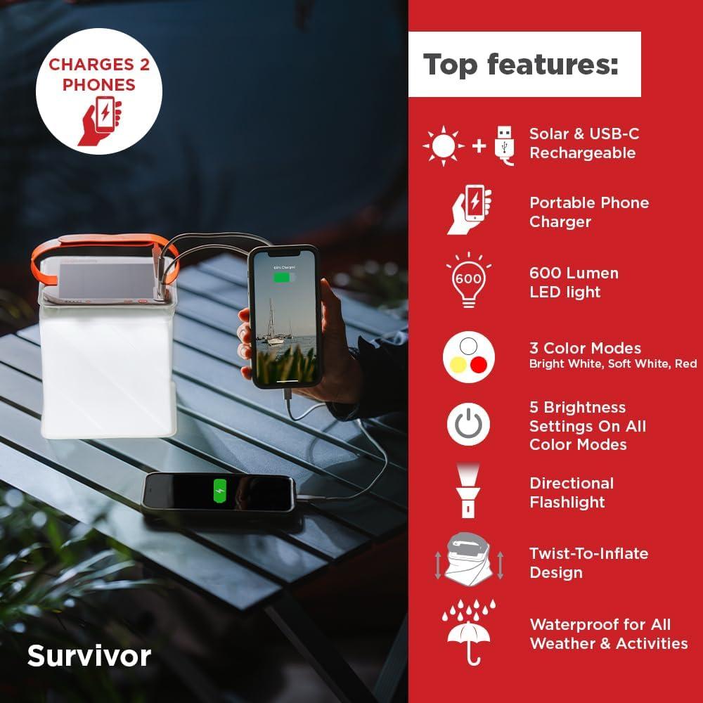 image:imageLuminAID Survivor Solar Lantern with Dual Phone Charger Inflatable LED Lamp for Camping Hiking and Travel Emergency Light for Power Outages Hurricane Survival Kits